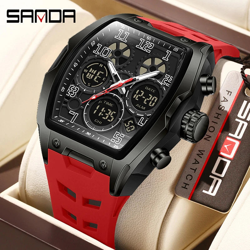 Black and red luxury military dual-display sports watch with a tonneau case and a perforated silicone band.