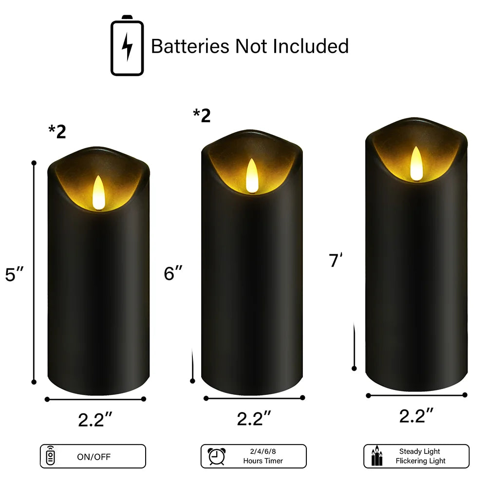 Three black cylindrical flameless LED candles with glowing amber wicks, showing height dimensions 5, 6, and 7 inches.