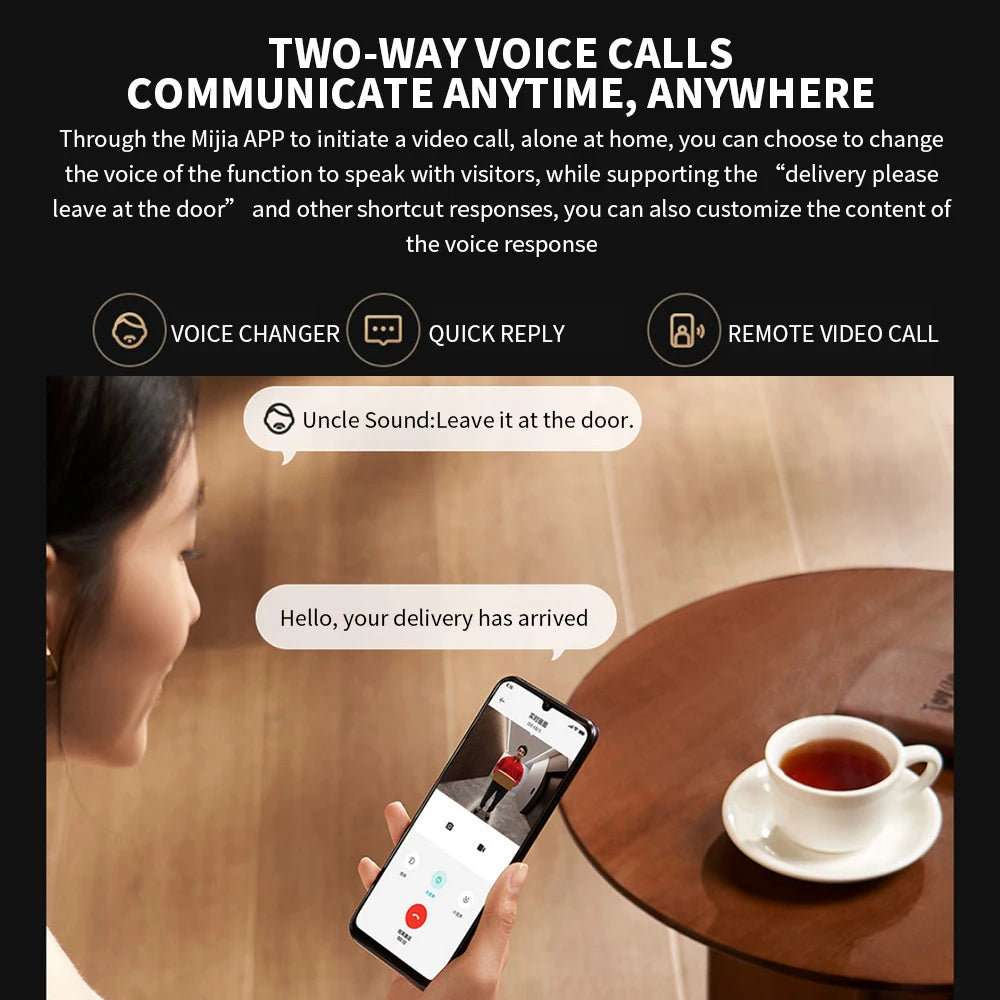 A person using a smartphone app for remote video calls with a smart doorbell featuring voice changer and quick replies.