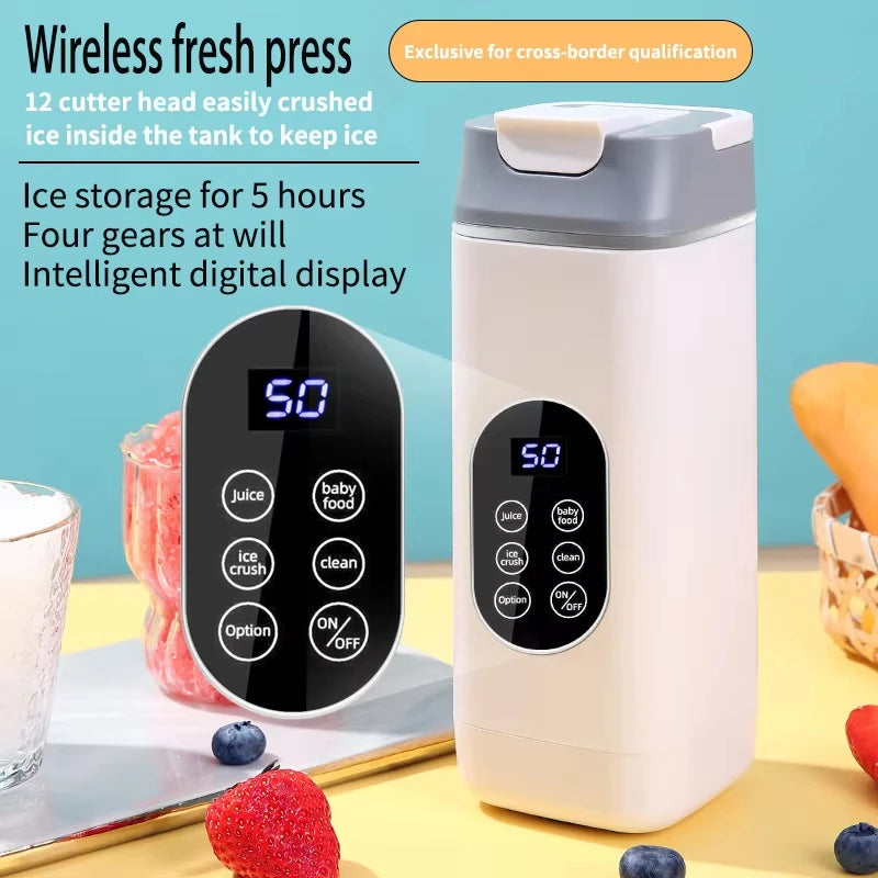 White portable wireless blender with a grey top, digital display, and touch buttons, set against a light blue background.