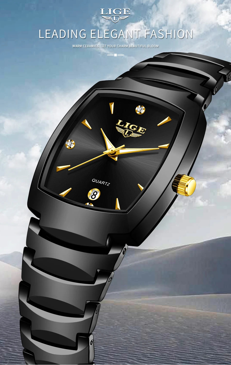 Elegant ladies’ black stainless steel quartz watch with a square face, gold hands, diamond markers and date display.