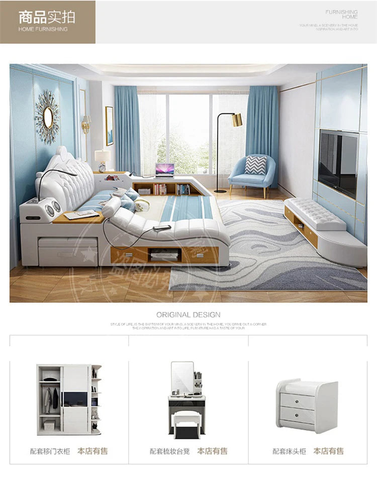 Modern white and wood double bed with integrated storage, shelving, built-in lighting, and a tufted leather headboard.