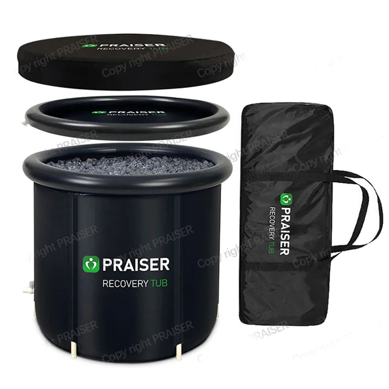 A black portable ice bath tub filled with ice, featuring two lids and a carrying bag with the logo PRAISER RECOVERY TUB.