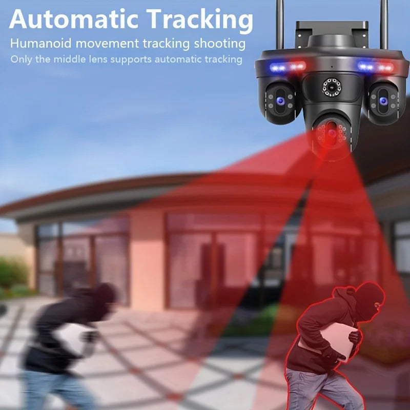 Black quad-lens outdoor security camera with red and blue warning lights, featuring automatic motion tracking.