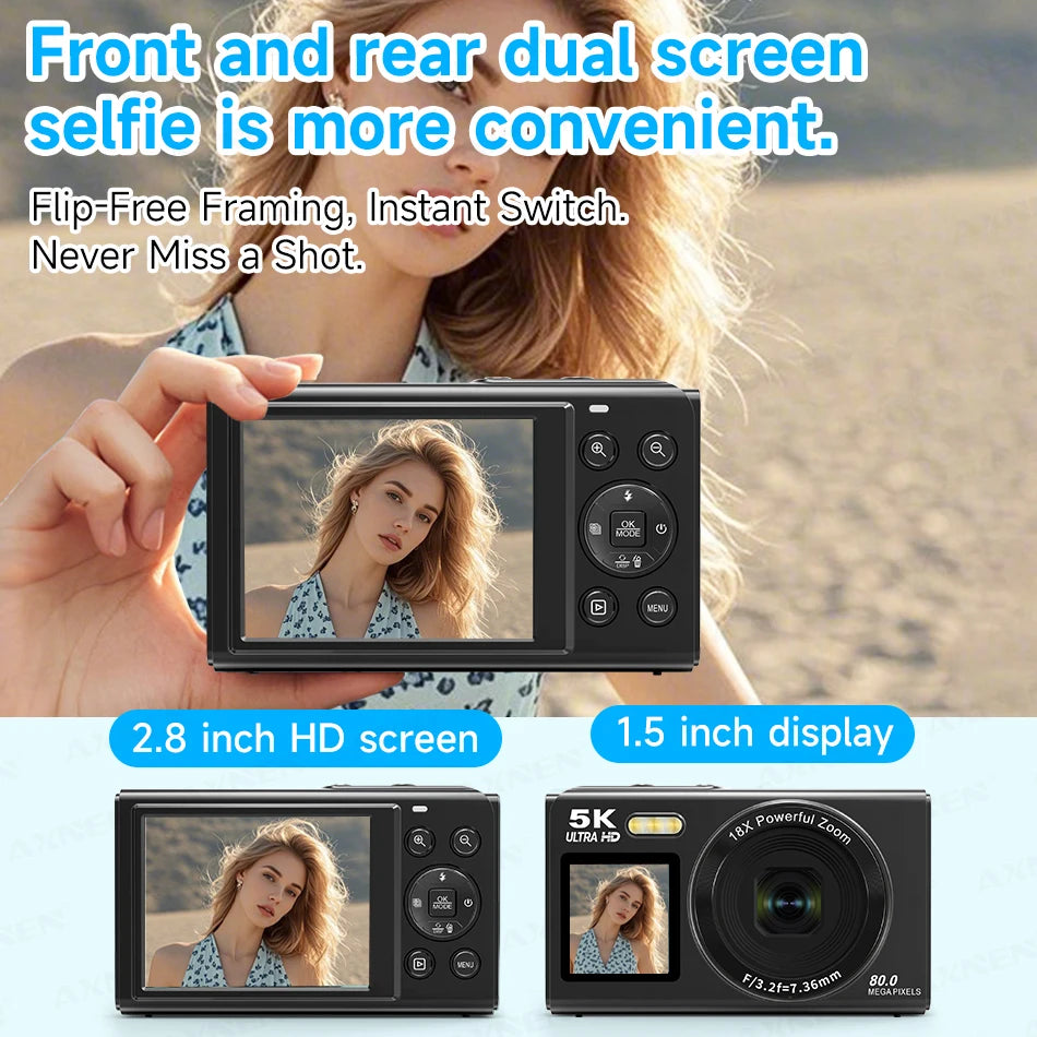 Black plastic digital camera with front and rear dual LCD screens, 5K resolution, and 18x zoom lens.