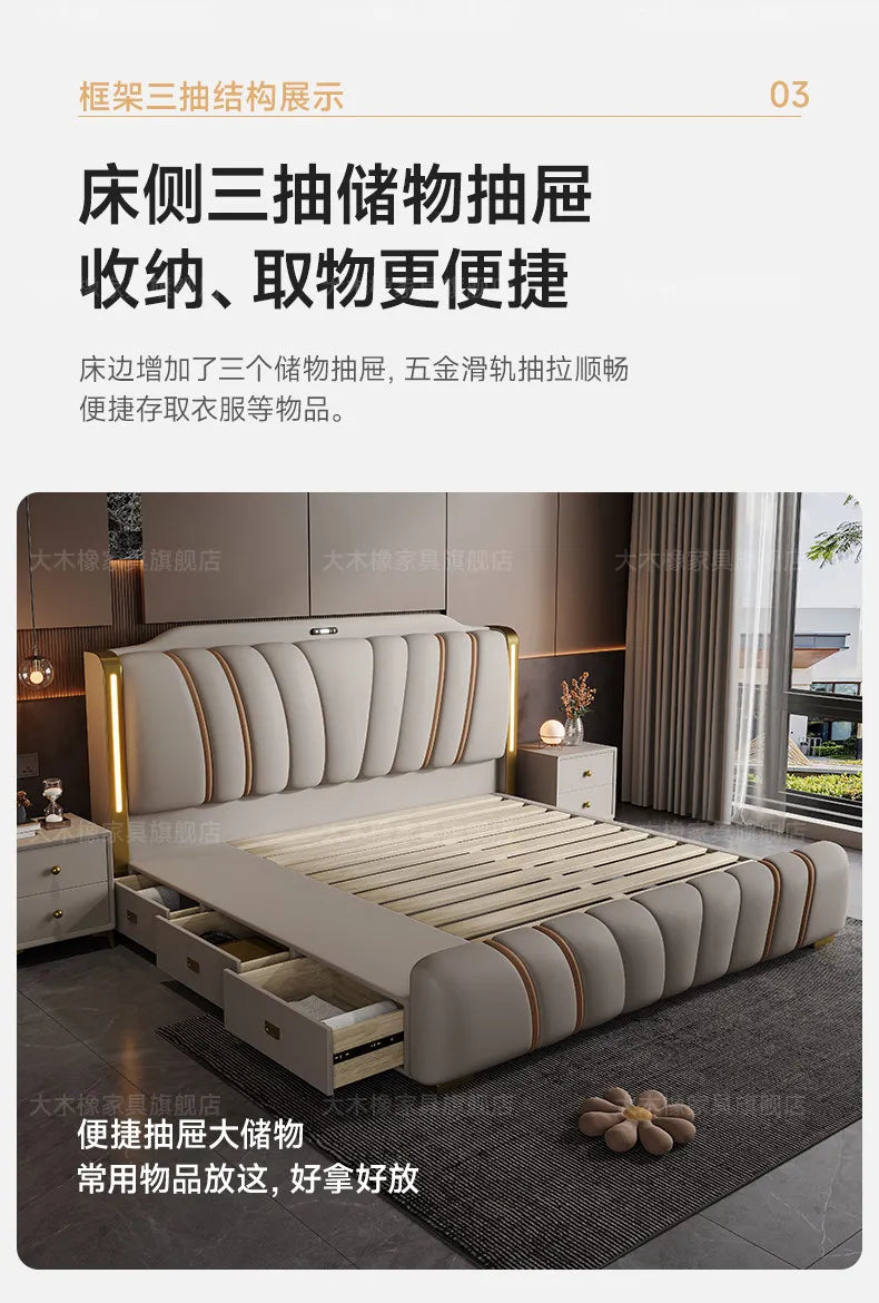 Modern grey luxury bed with integrated headboard lighting and three convenient under-bed storage drawers.