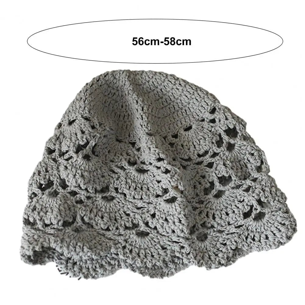 Grey hollow crochet lace beanie with a delicate floral pattern, suitable for head sizes 56cm–58cm.
