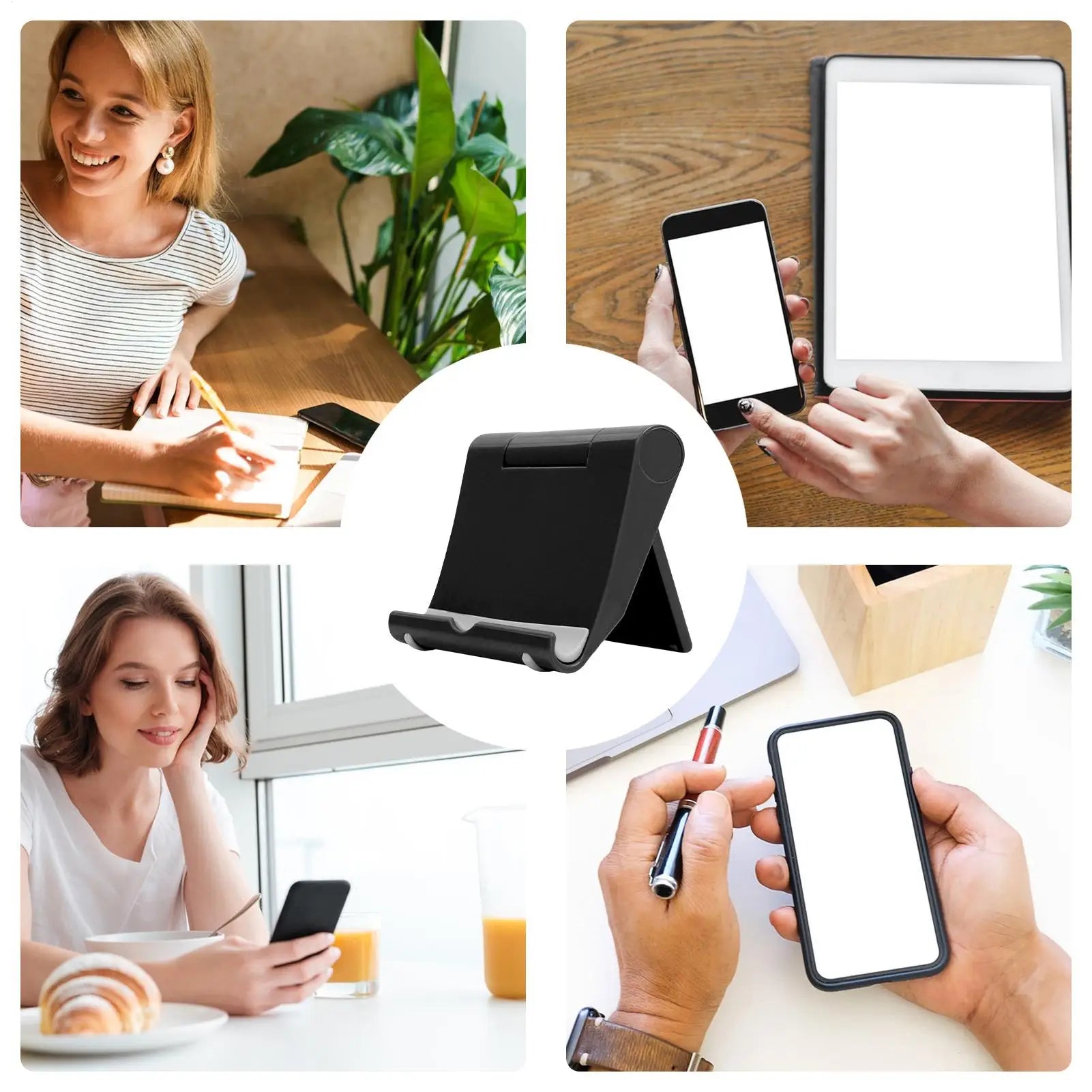 Adjustable black desktop stand for smartphones and tablets, shown in a collage with people using devices.