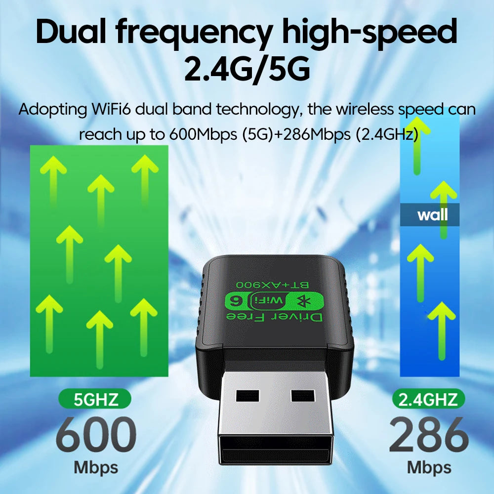Compact black USB WiFi 6 adapter with Bluetooth, illustrating dual-band 2.4G/5G high-speed connectivity.