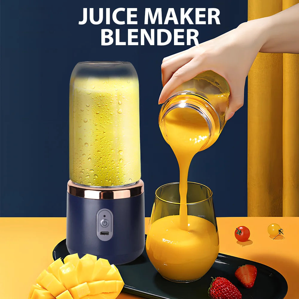Portable personal blender in matte navy with copper trim, pouring yellow mango juice into a glass.