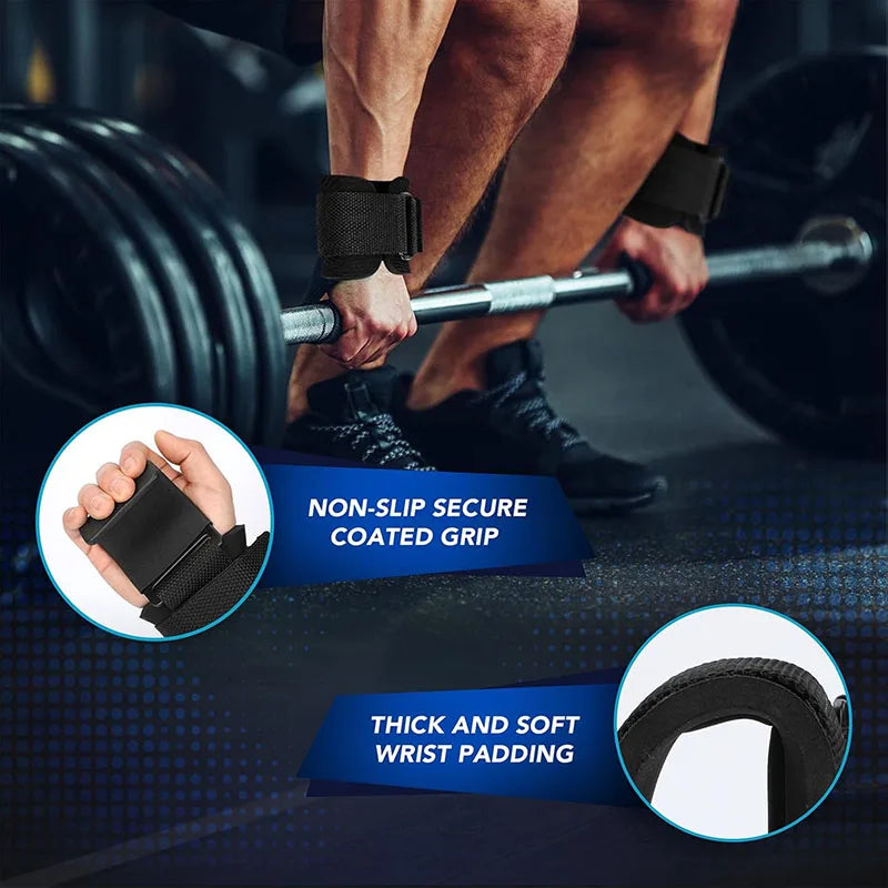 Black weightlifting wrist straps with non-slip coated grips and thick, soft padding worn during a deadlift.