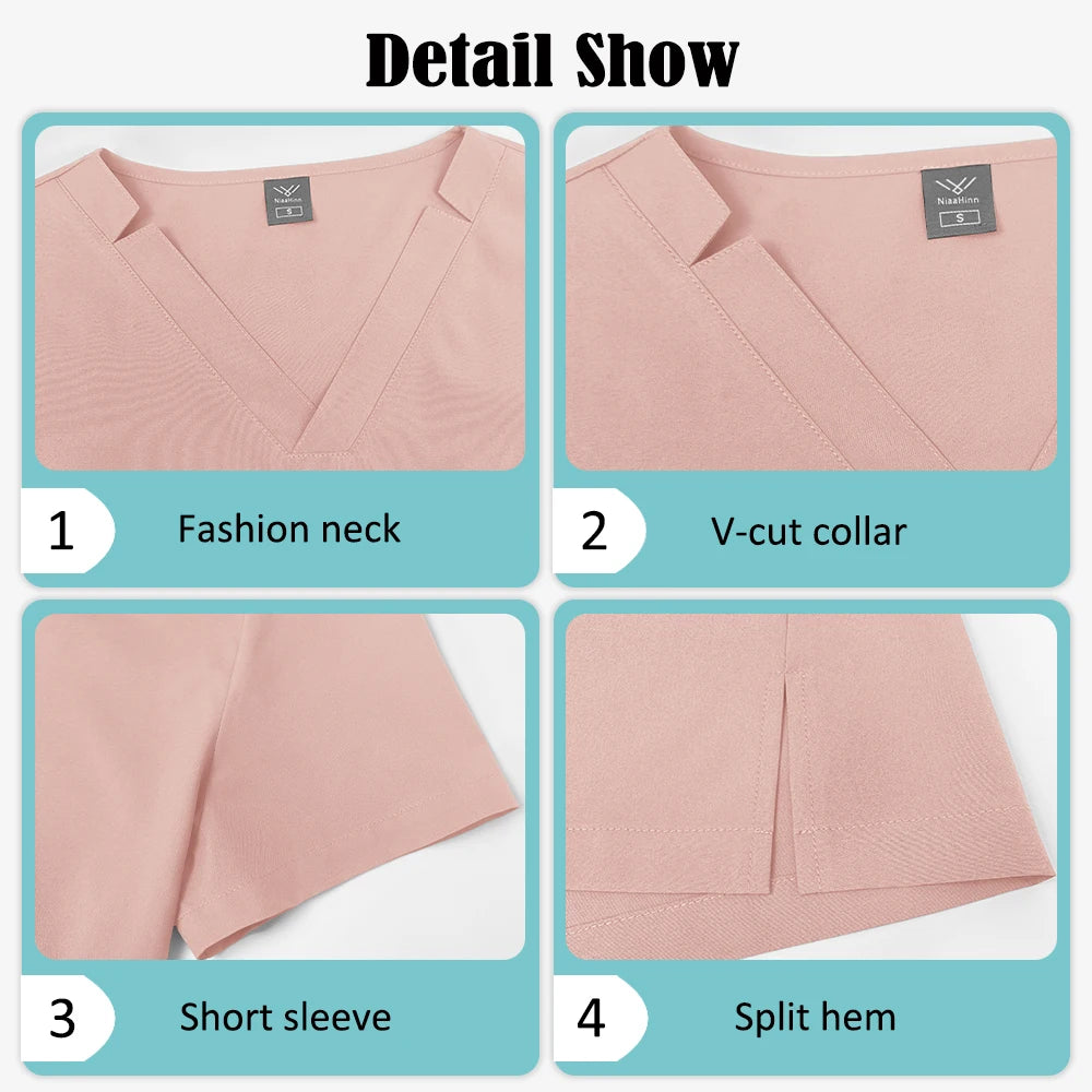 Close-up of pink medical scrub top featuring a V-cut neckline, short sleeves, and a split hem design.