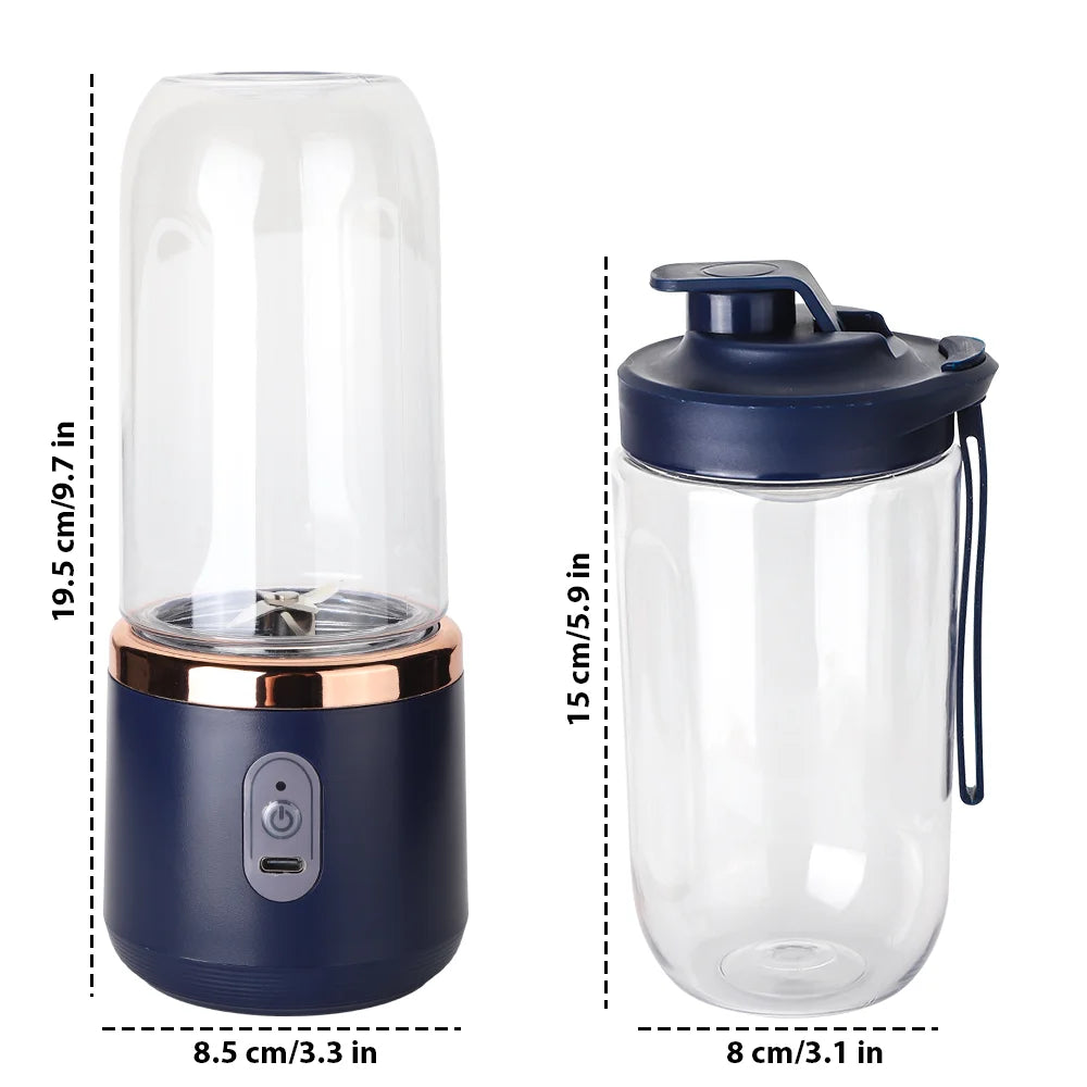 Portable navy blue blender with rose gold accent and matching travel cup, featuring measurements.