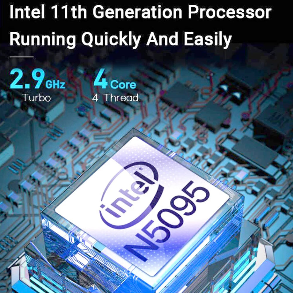 Close-up of a high-speed quad-core processor chip featuring a blue tech circuit board background.