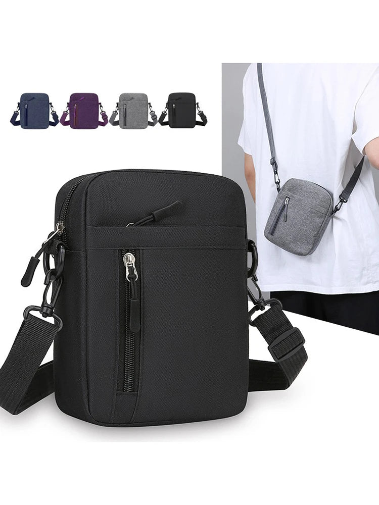 Durable black men's crossbody bag with adjustable strap and front zip pocket, shown in four colour options.