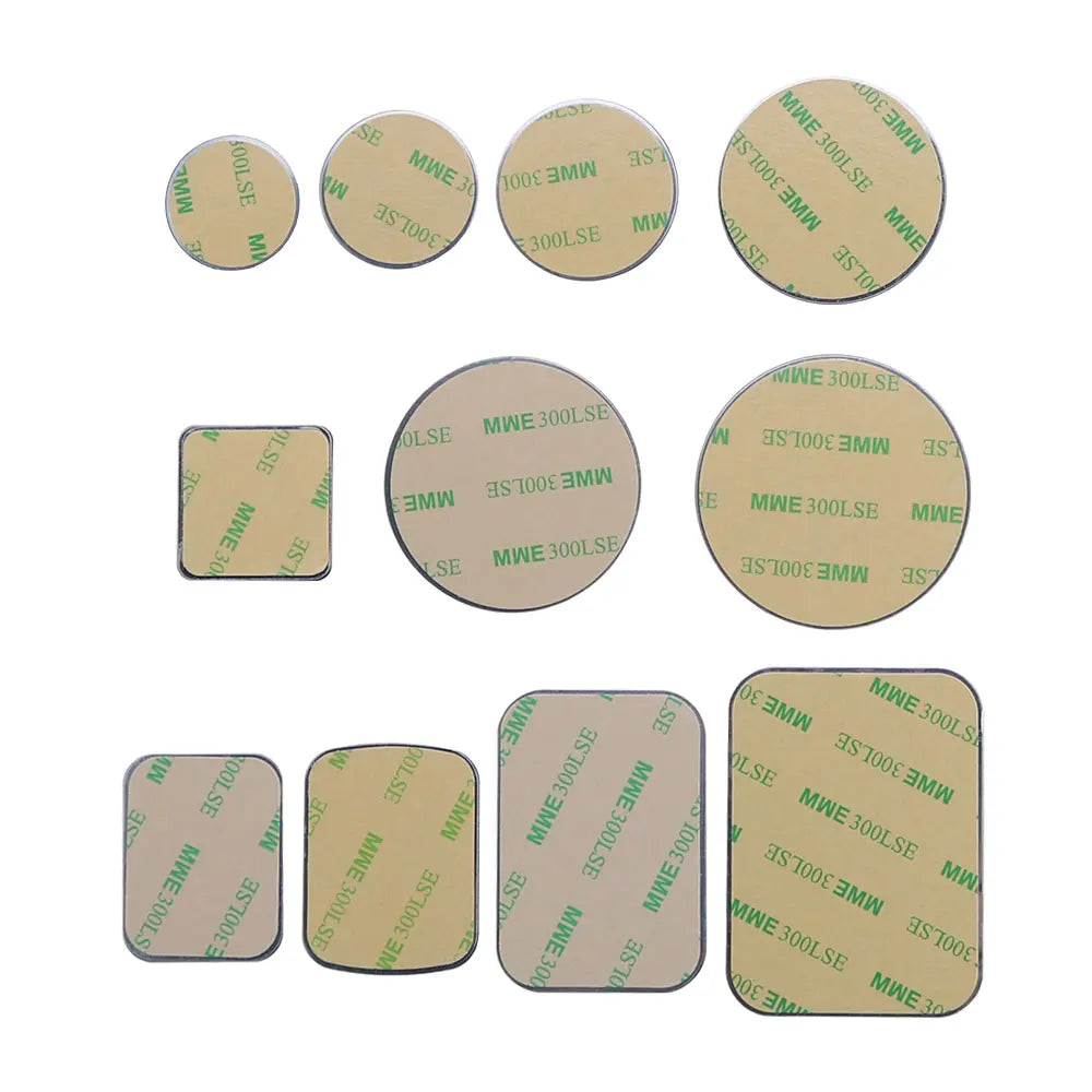 Set of assorted round and rectangular adhesive backing pads with a beige paper peel-off layer and green text.