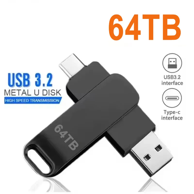 Black 64TB portable USB flash drive with dual USB 3.2 and Type-C connectors for high-speed file transfers.