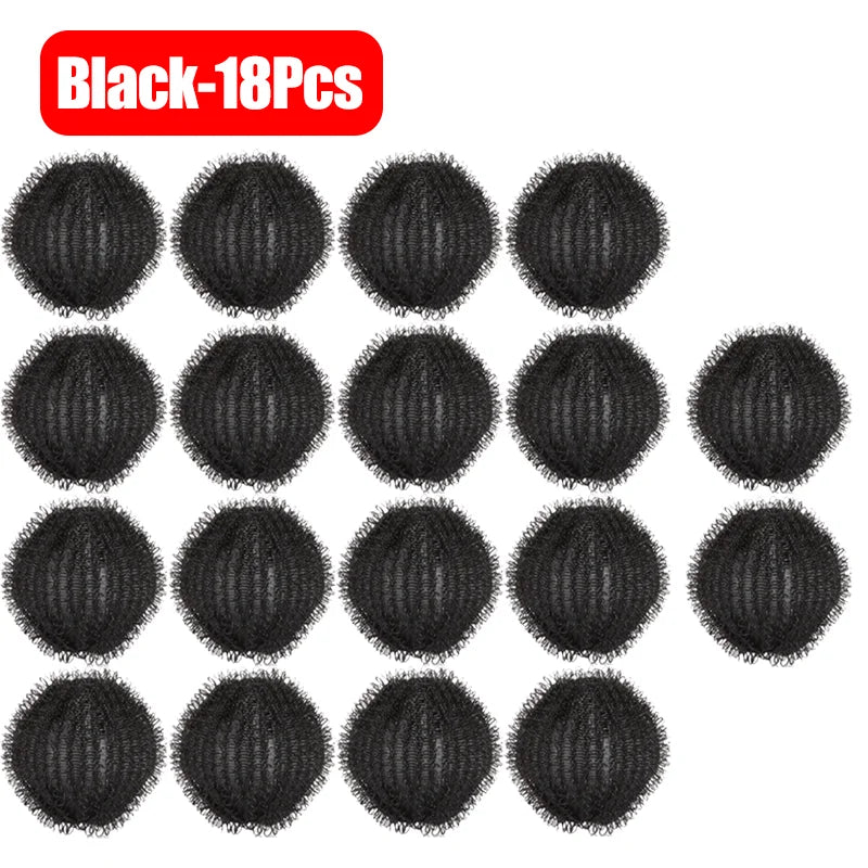 A set of 18 round, black mesh hair buns or sponge hair styling tools arranged in a grid.
