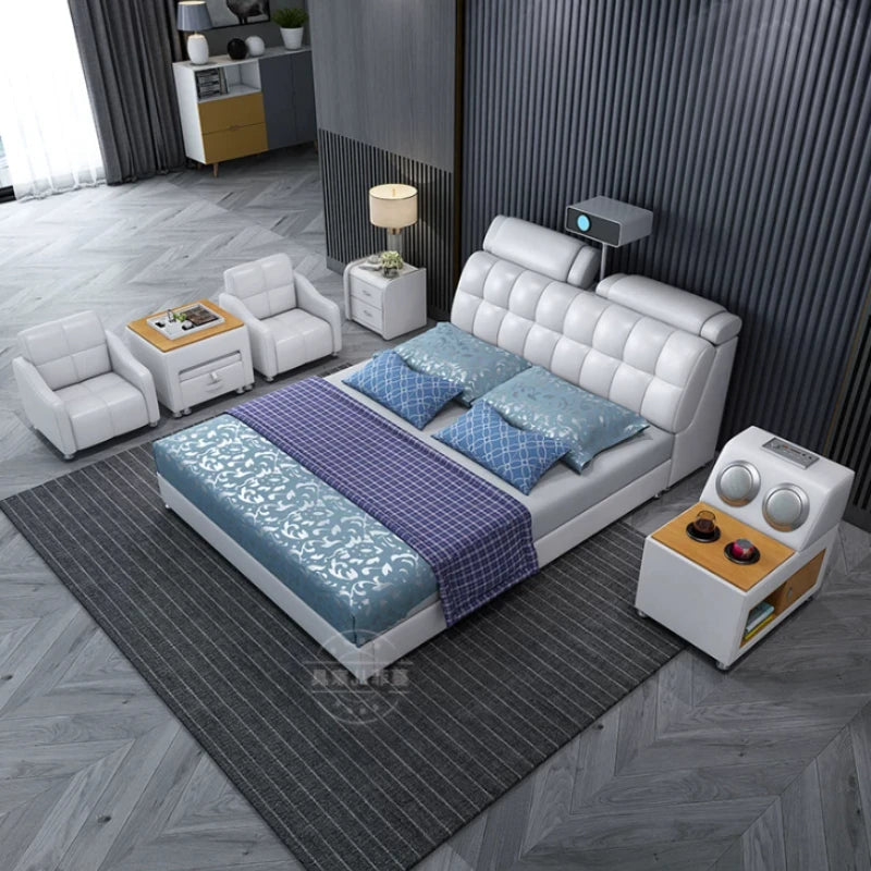 Modern white double bed with a tufted, padded headboard, integrated storage, and side tables in a contemporary bedroom.