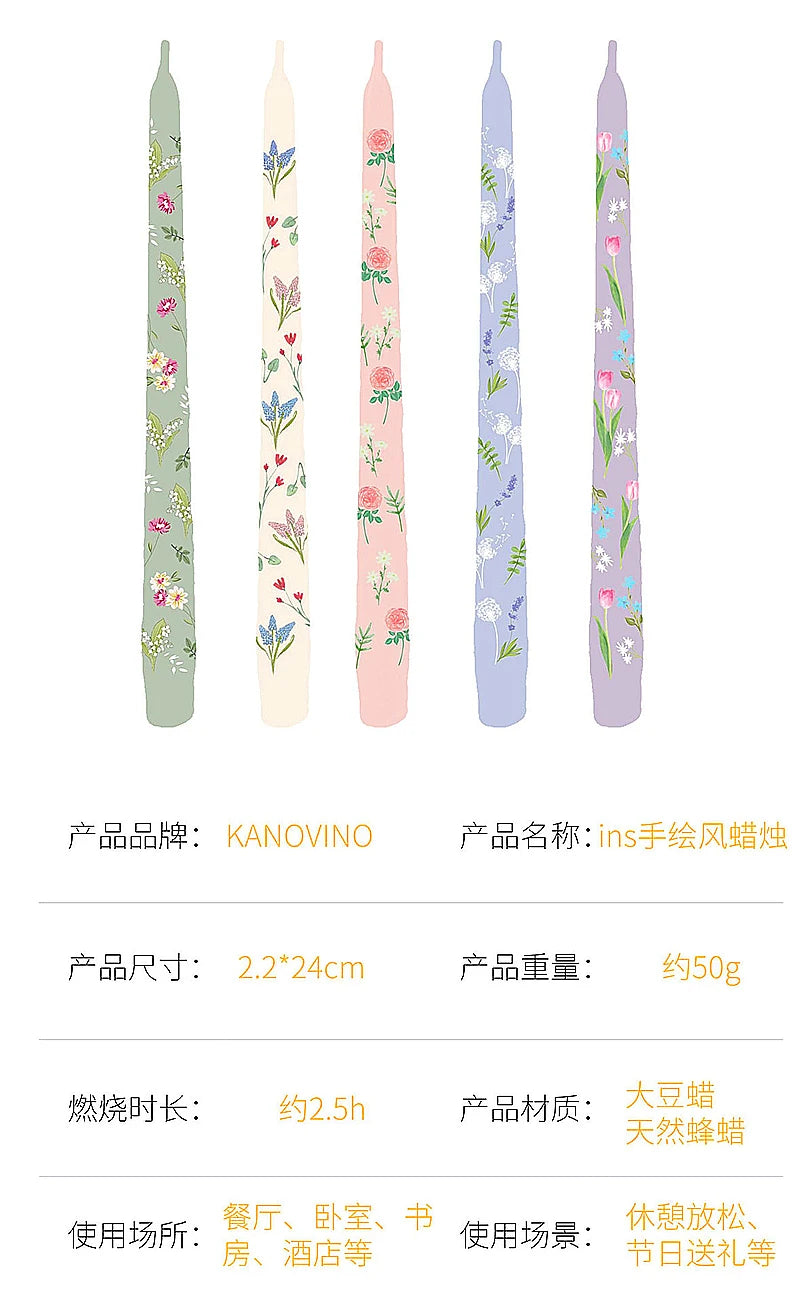 Five tall, slender taper candles in pastel colours, each decorated with delicate, hand-painted floral botanical patterns.