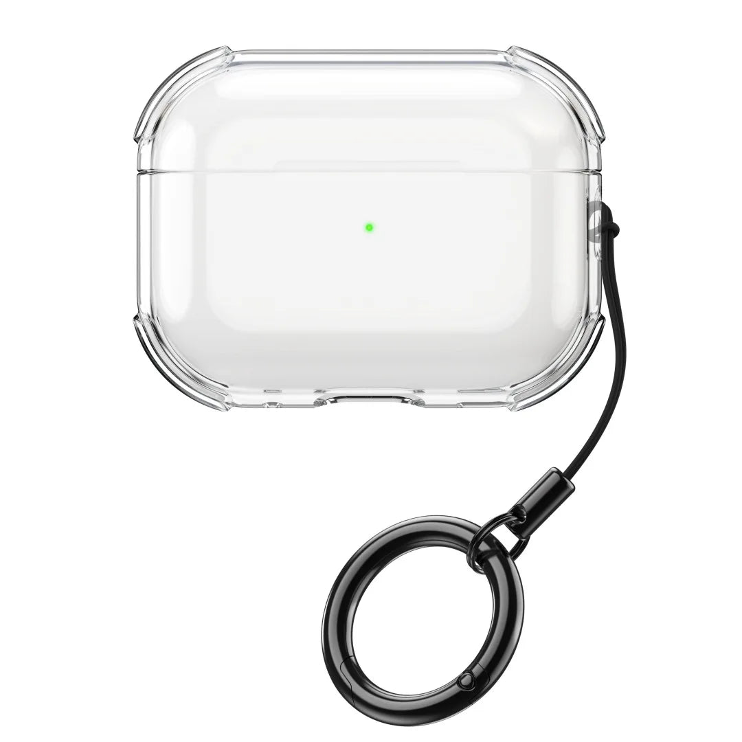 Clear shockproof protective case for AirPods Pro with black carry ring and lanyard.