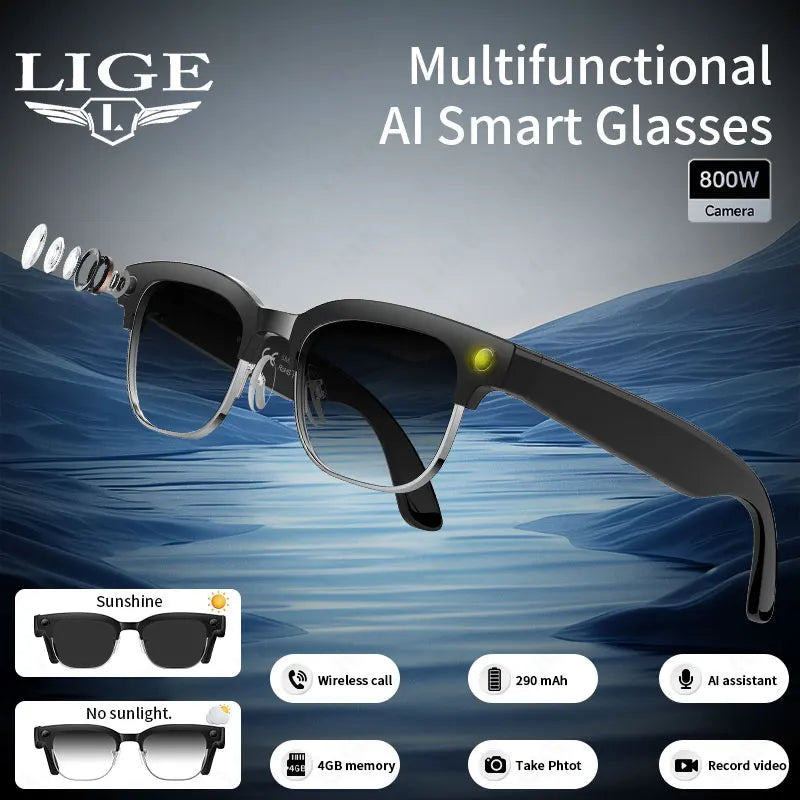 Sleek black smart glasses featuring a built-in camera, photo/video recording, wireless calling and AI assistant.