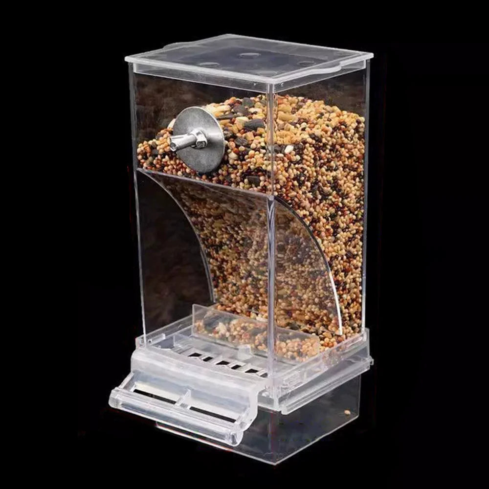 Clear acrylic bird seed feeder with a gravity-fed hopper and small perch, isolated against a black background.
