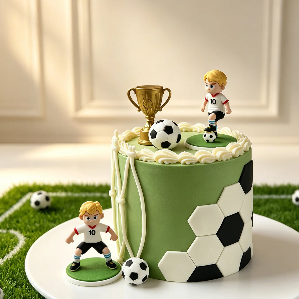 Green football-themed cake decorated with soccer ball pattern, golden trophy, and two miniature football player figures.