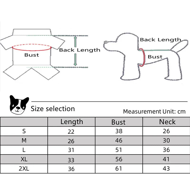 Dog hoodie sizing chart with diagrams for measuring back length, bust, and neck, plus a table of dimensions in cm.