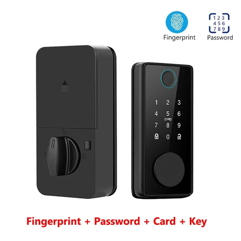 Black digital smart door lock with fingerprint scanner, number keypad, and internal thumb turn latch.