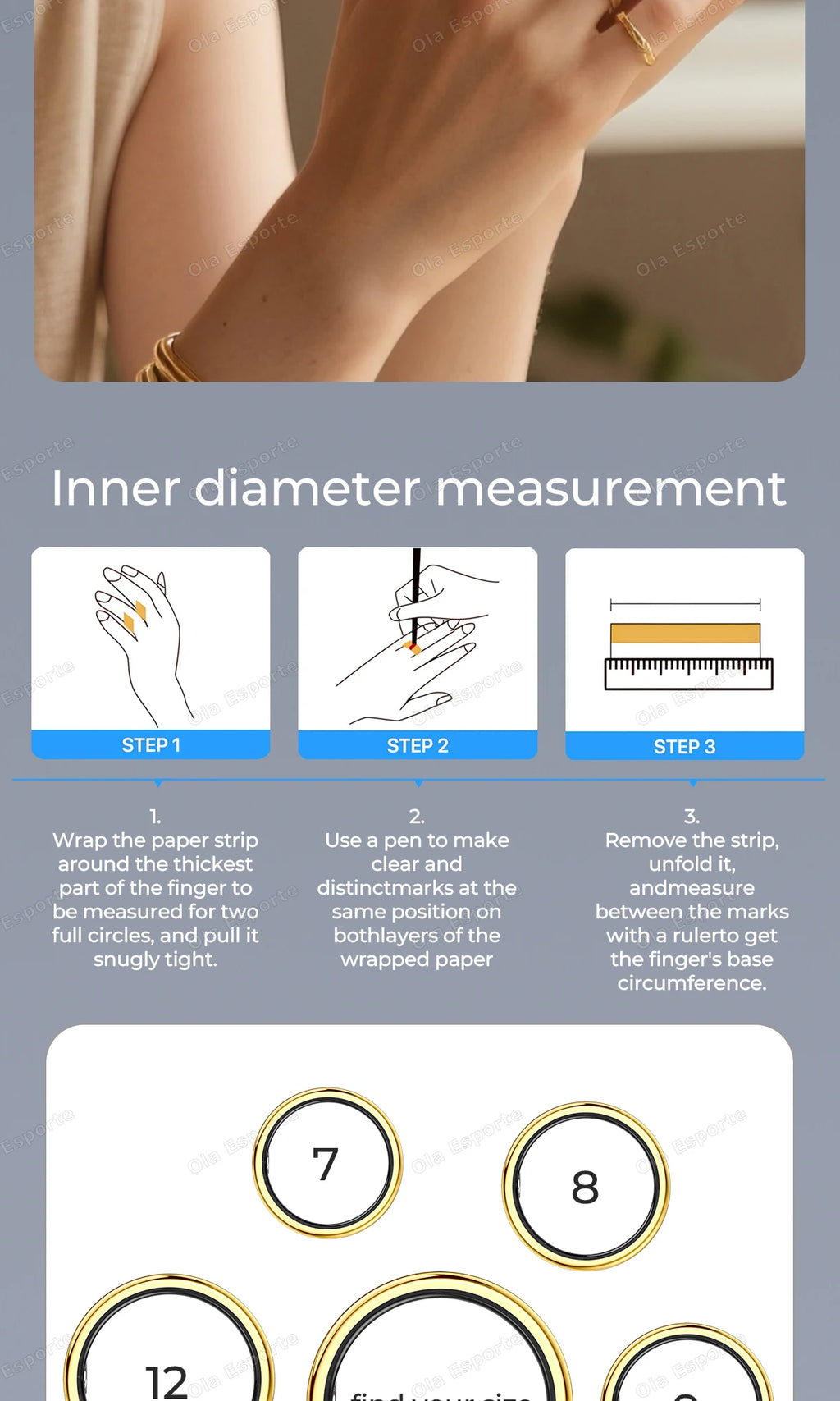 A gold-toned smart fitness ring, with an infographic showing how to measure finger size using a paper strip and ruler.