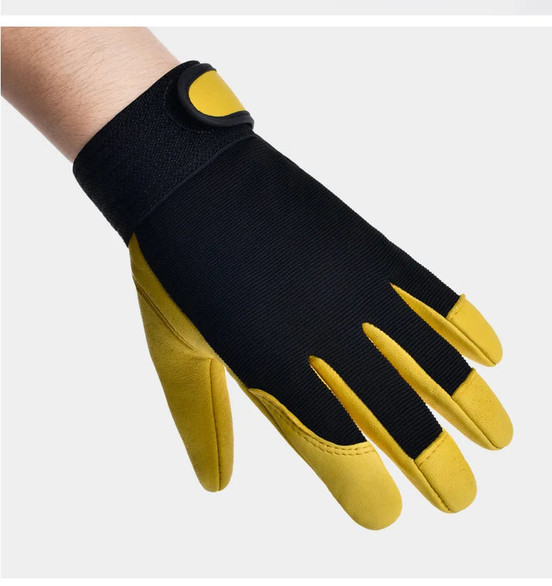 Yellow and black cowhide leather work gloves with a breathable fabric back and adjustable hook-and-loop wrist strap.