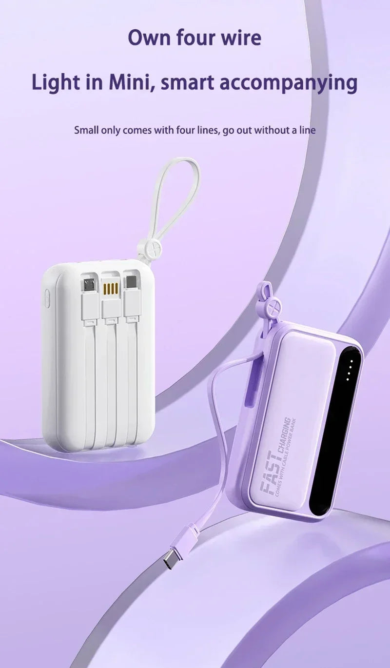 Compact white and lilac portable power banks with built-in charging cables and convenient carry loops.