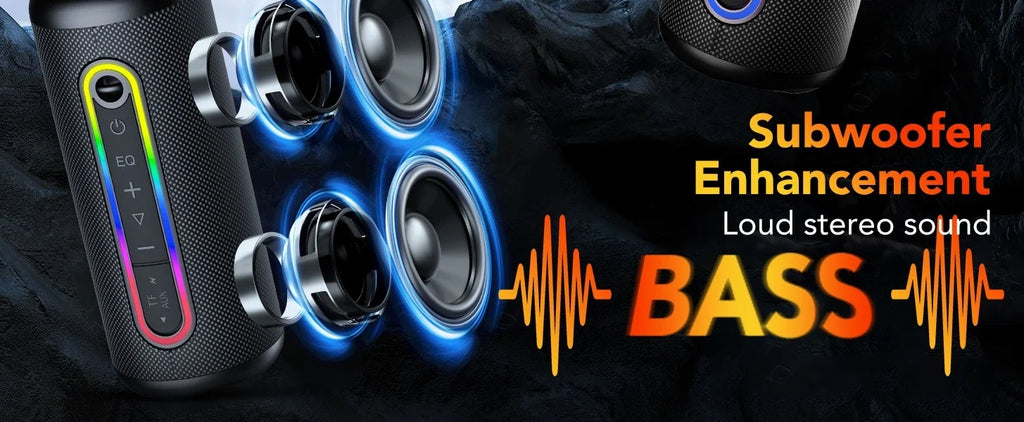 Black portable waterproof speaker with LED lighting accents, featuring powerful internal drivers and subwoofer sound.