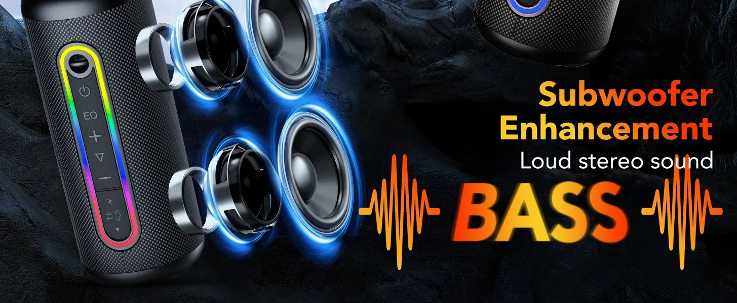 Black portable waterproof speaker with LED lighting accents, featuring powerful internal drivers and subwoofer sound.
