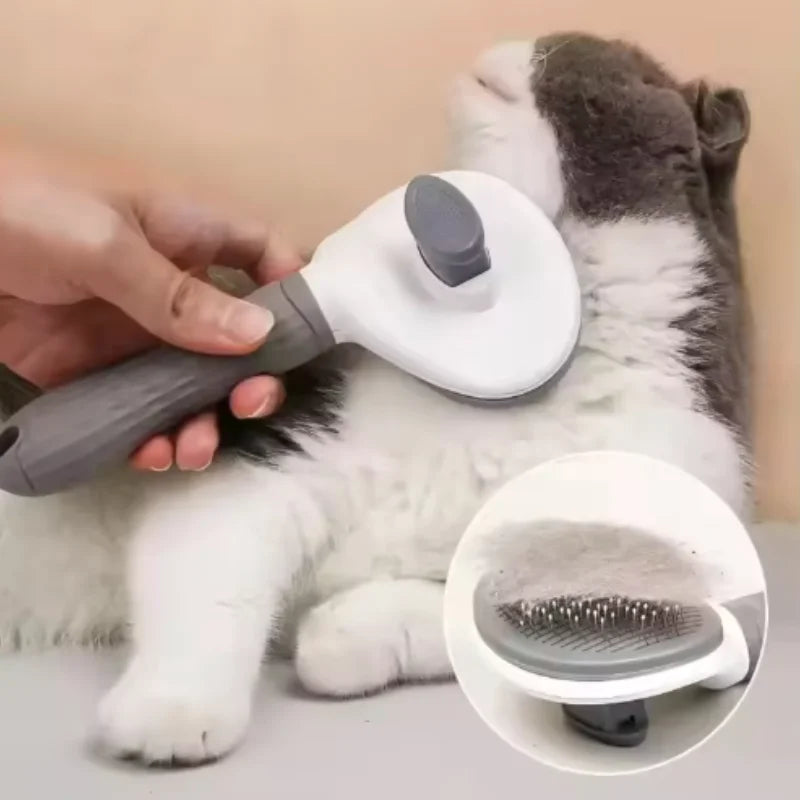 A hand using a grey and white self-cleaning pet slicker brush to groom a fluffy grey and white cat.