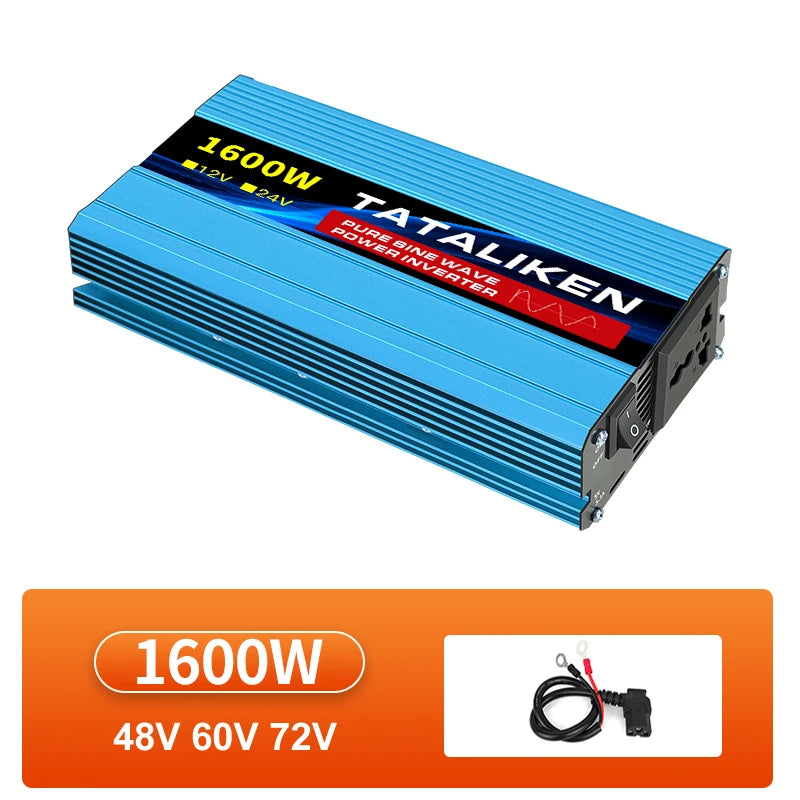 Blue 1600W pure sine wave power inverter with a ribbed metal casing, power switch, and UK plug socket.