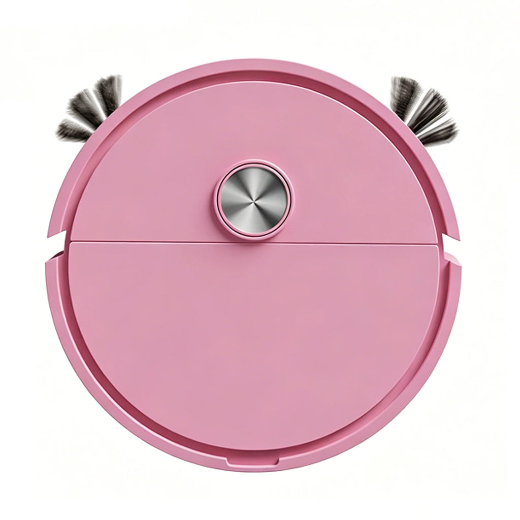 Pink robot vacuum cleaner from top view, featuring two side brushes and a silver central power button.