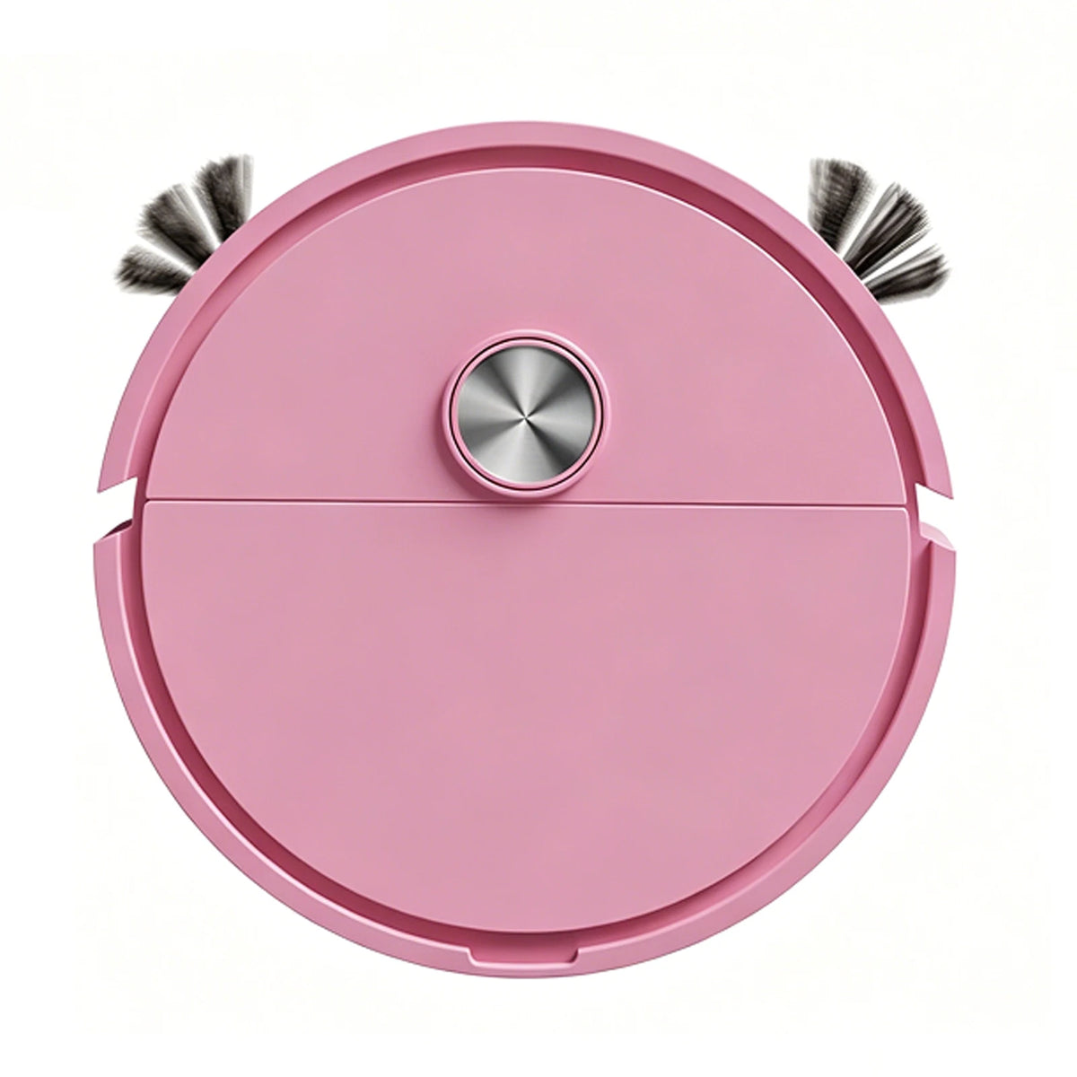 Pink robot vacuum cleaner from top view, featuring two side brushes and a silver central power button.