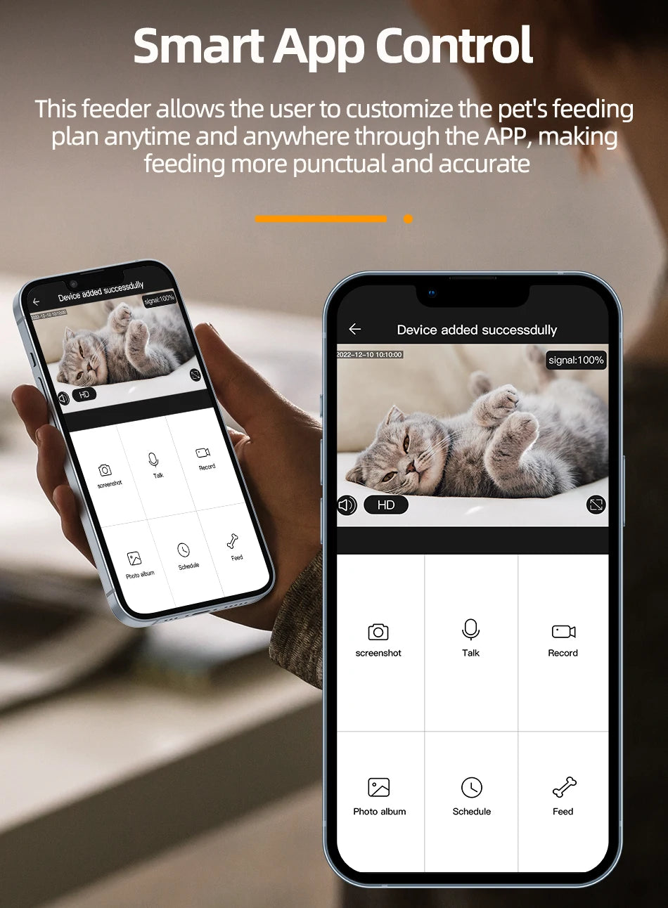 Smartphones showing a pet feeder app with a camera feed of a cat and various control icons on a clean white interface.