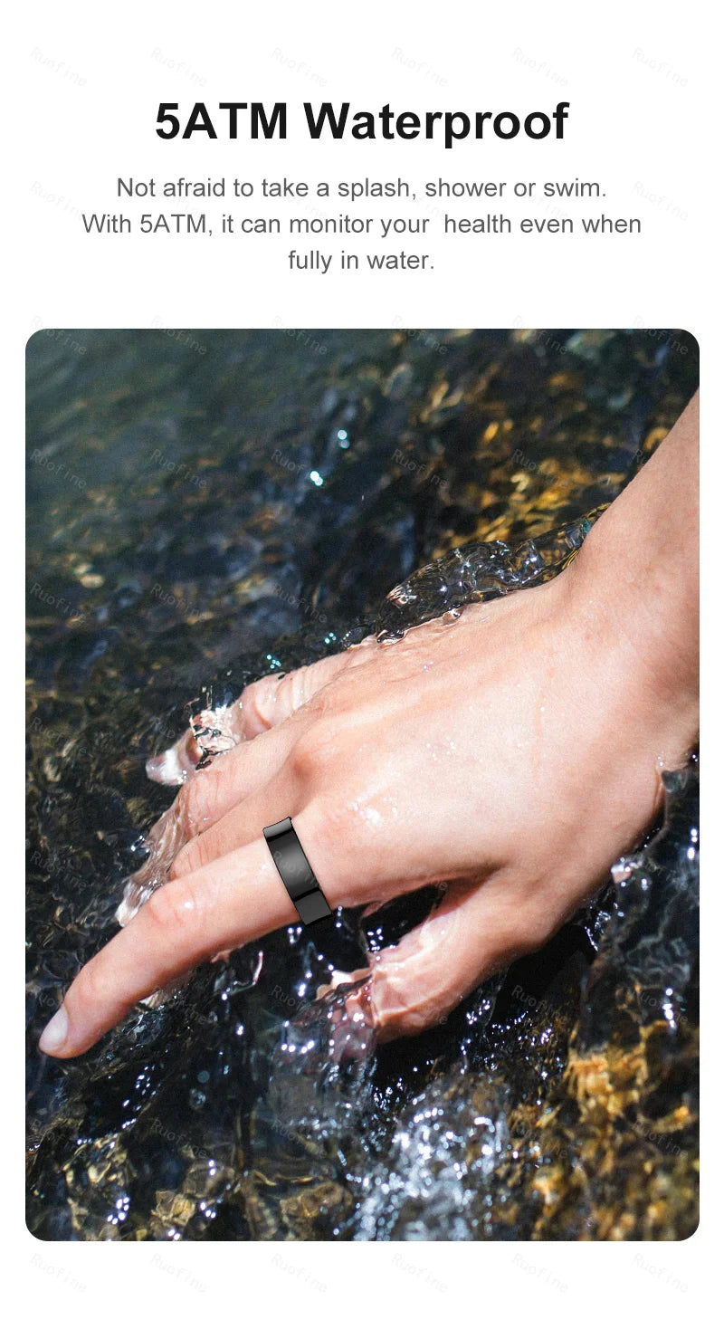 A sleek, black smart health ring worn on a hand submerged in flowing water, highlighting its waterproof design.