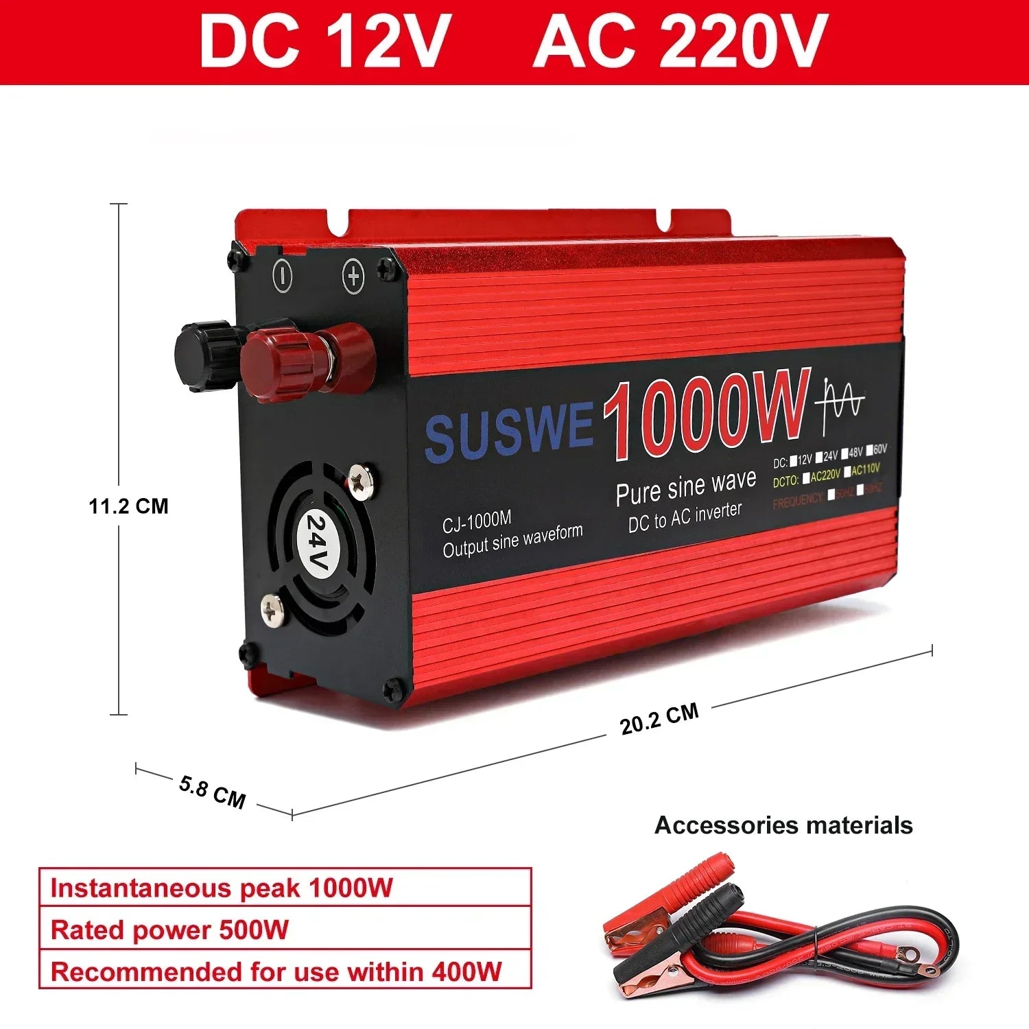 Red 1000W DC to AC pure sine wave power inverter with cooling fan, connection terminals, and battery cables.