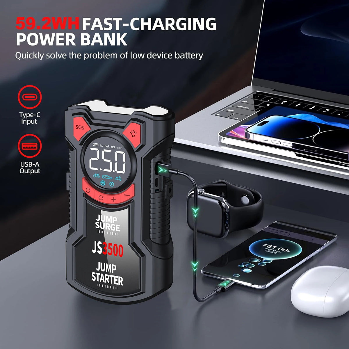Black portable car jump starter with a digital display and red accents, charging a smartphone via USB.