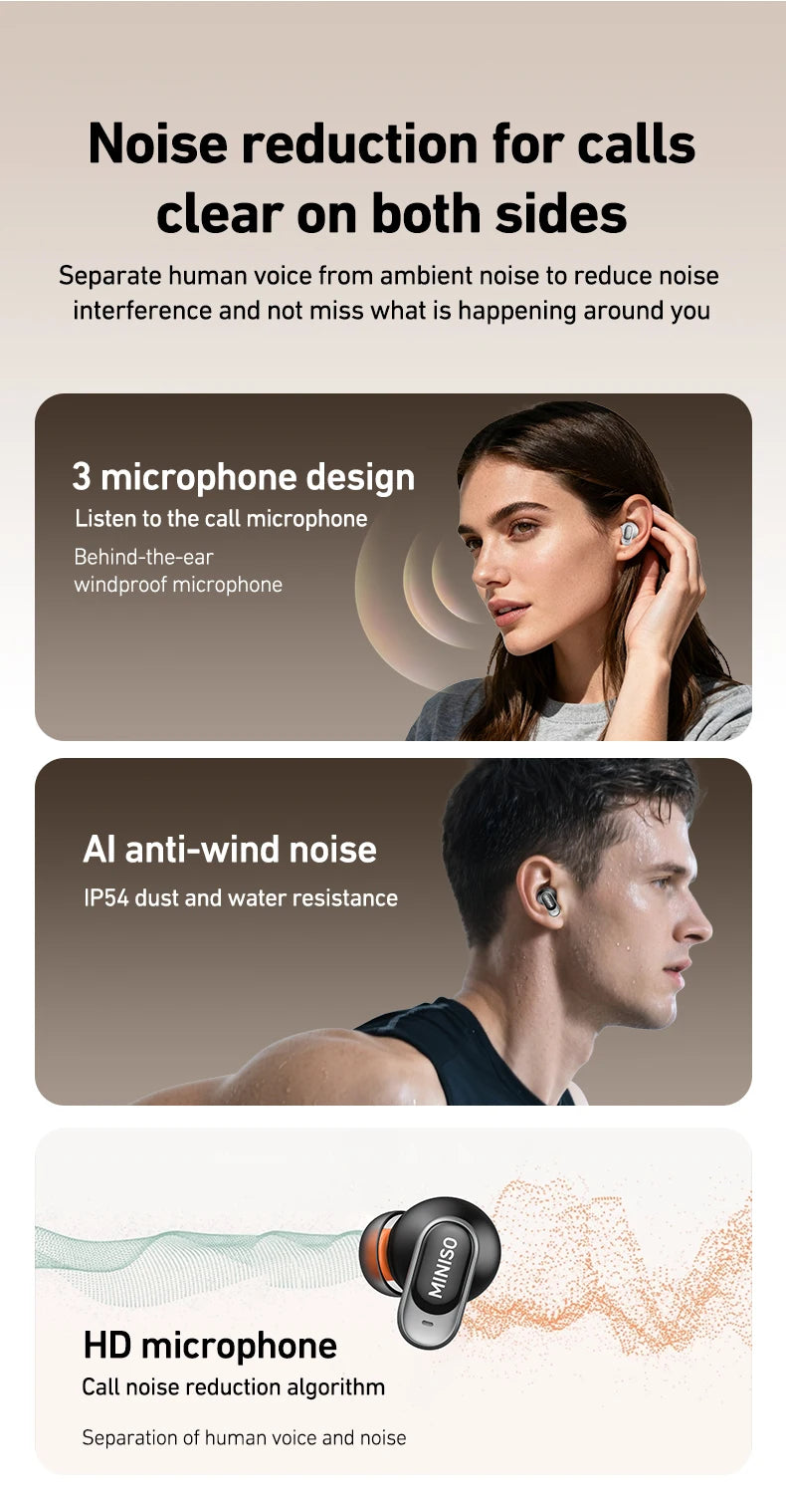 Black wireless earbuds with a sleek, minimalist design, shown being worn by a person, featuring noise-reduction tech.
