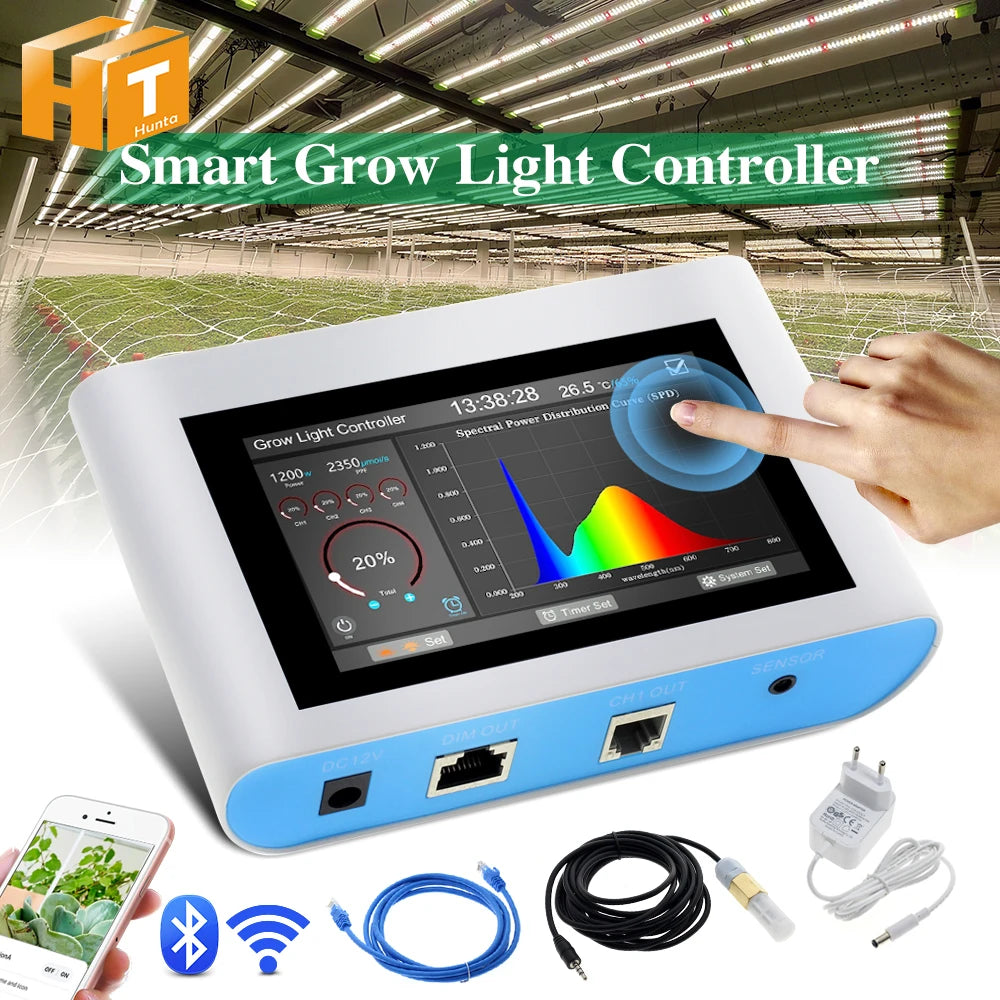 Smart grow light controller with a 4.3-inch touchscreen, showing digital light settings and cables on a white surface.