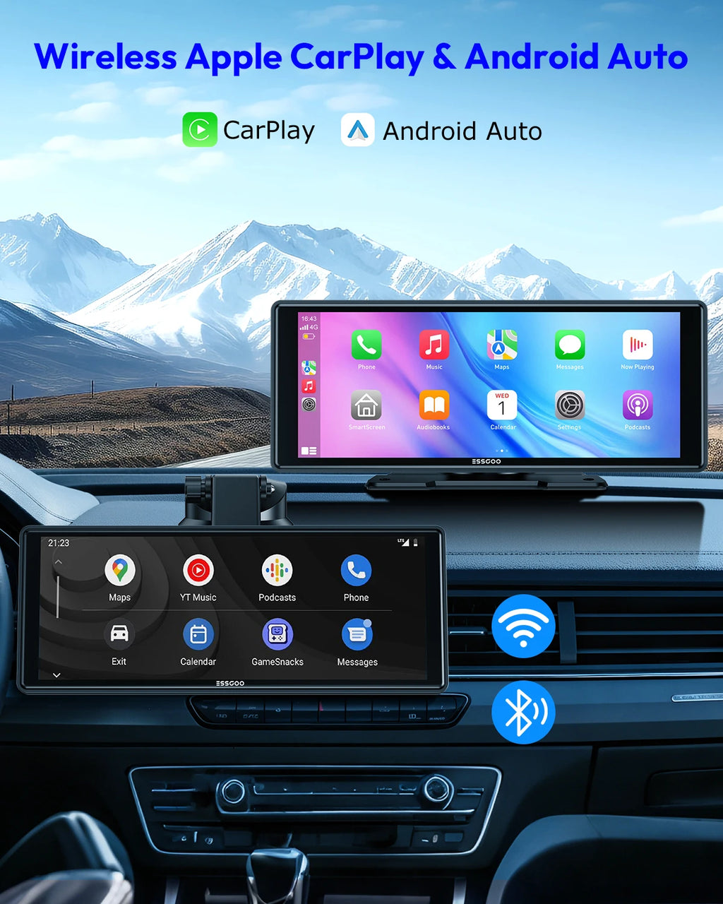 ESSGOO 10.26" black portable car stereo touchscreen mounted on a car dash displaying app icons.