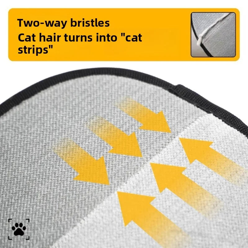 Grey two-way bristle pet hair remover pad with yellow directional arrows demonstrating how it collects hair.