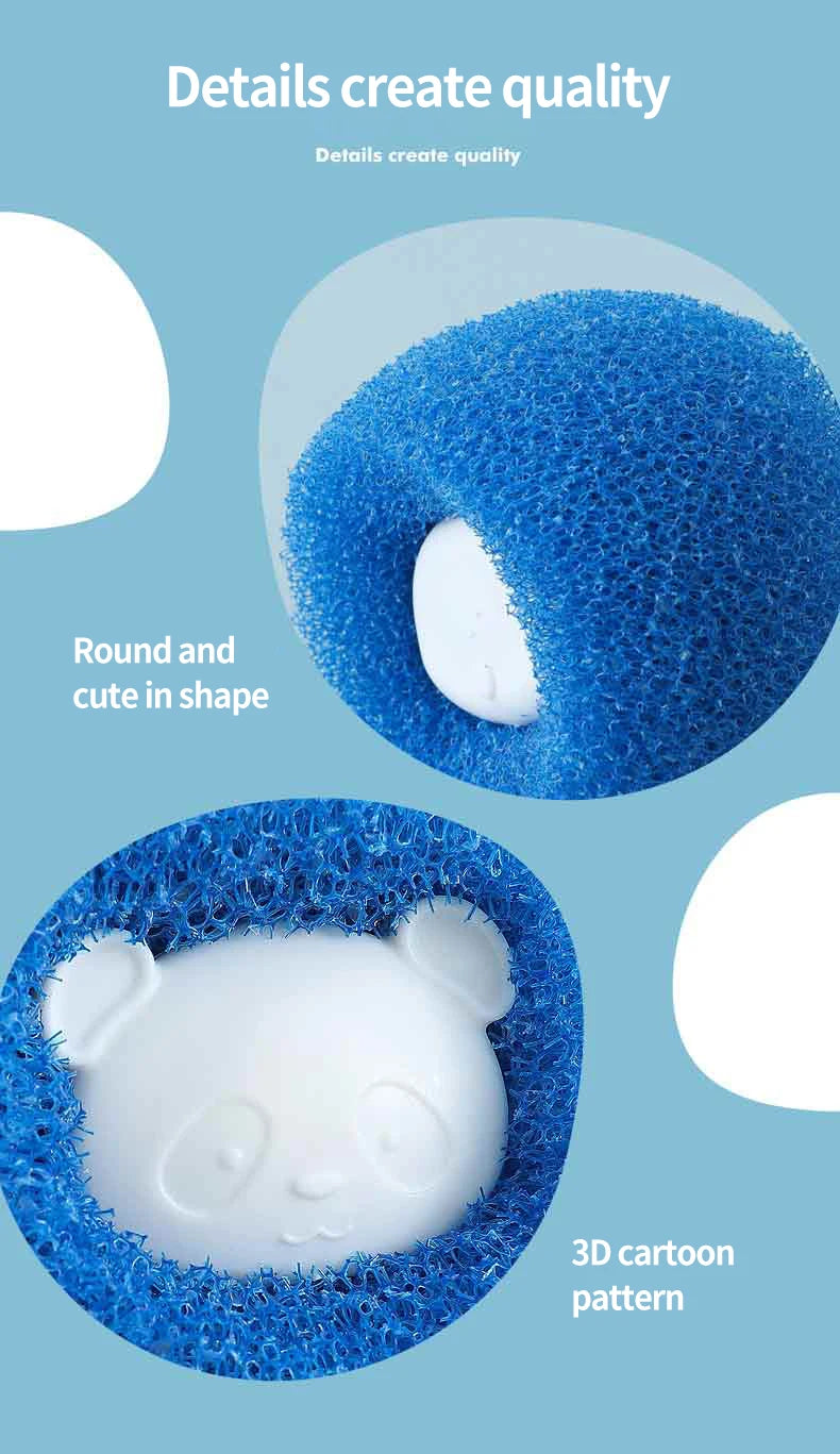 A blue, textured circular sponge featuring a cute, white 3D panda character in the centre.
