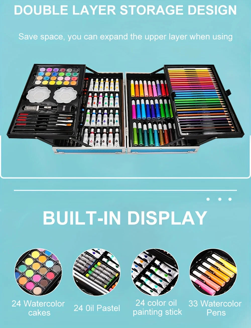 Art set in a black, double-layer carry case with colourful pencils, watercolour paints, oil pastels, and pens.