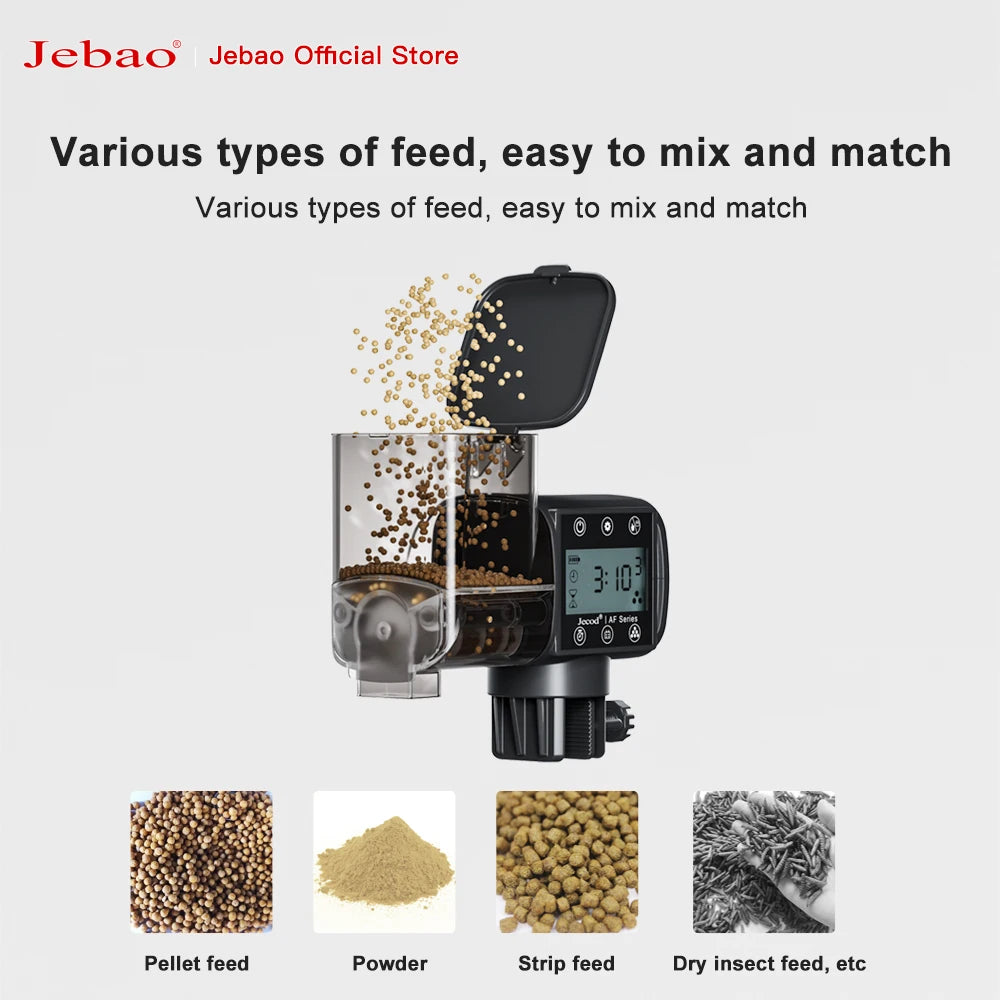 Black automatic fish feeder with a clear container dispensing pellets, featuring a digital display and control buttons.